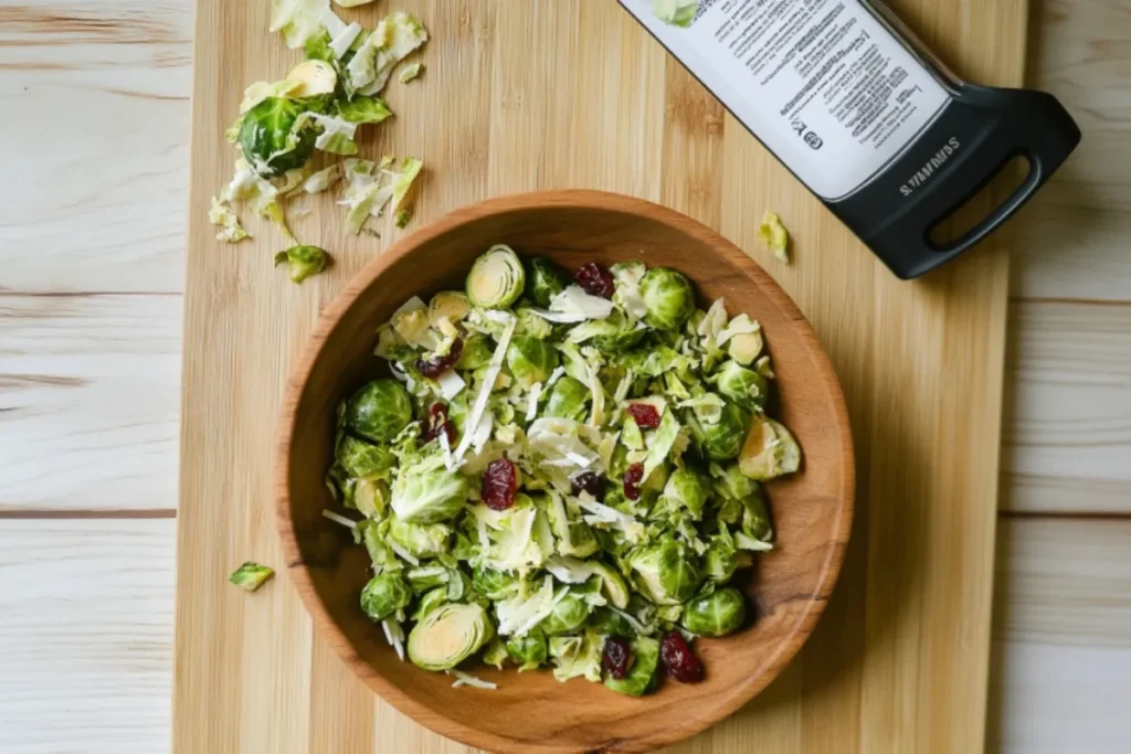 A tasty raw brussel sprout salad sits in a wooden bowl atop a rustic table. Topped with cheese and cranberries.