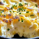 Creamy Cottage Cheese Eggs scrambled with chives in a skillet.