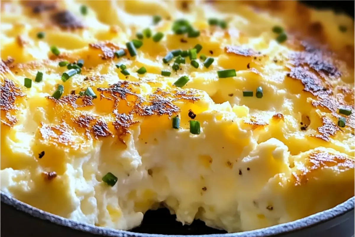 Creamy Cottage Cheese Eggs scrambled with chives in a skillet.