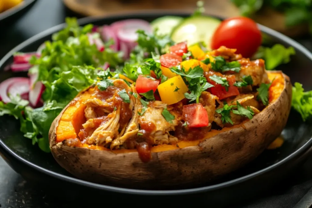 BBQ Chicken Stuffed Sweet Potatoes served with a side salad