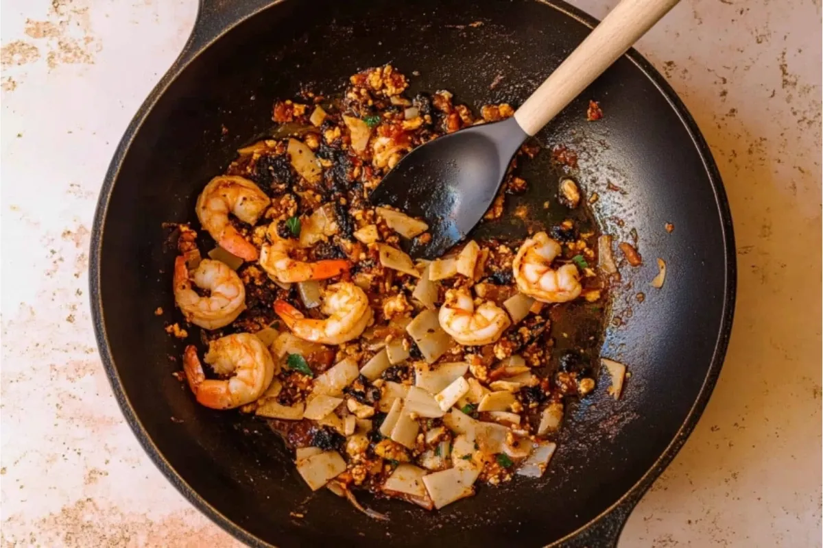 Side view of shrimp fra diavolo bowl; pasta layered with spicy sauce and succulent shrimp. Italian food.