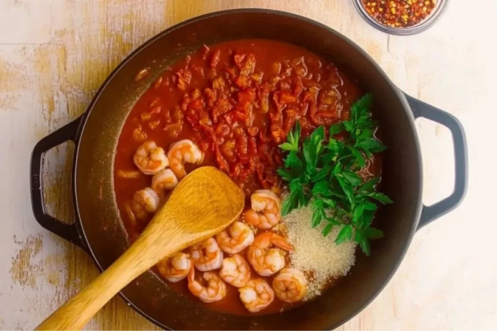 Shrimp fra diavolo ingredients: shrimp, tomatoes, garlic, herbs, pasta, red pepper flakes. Fresh and flavorful!