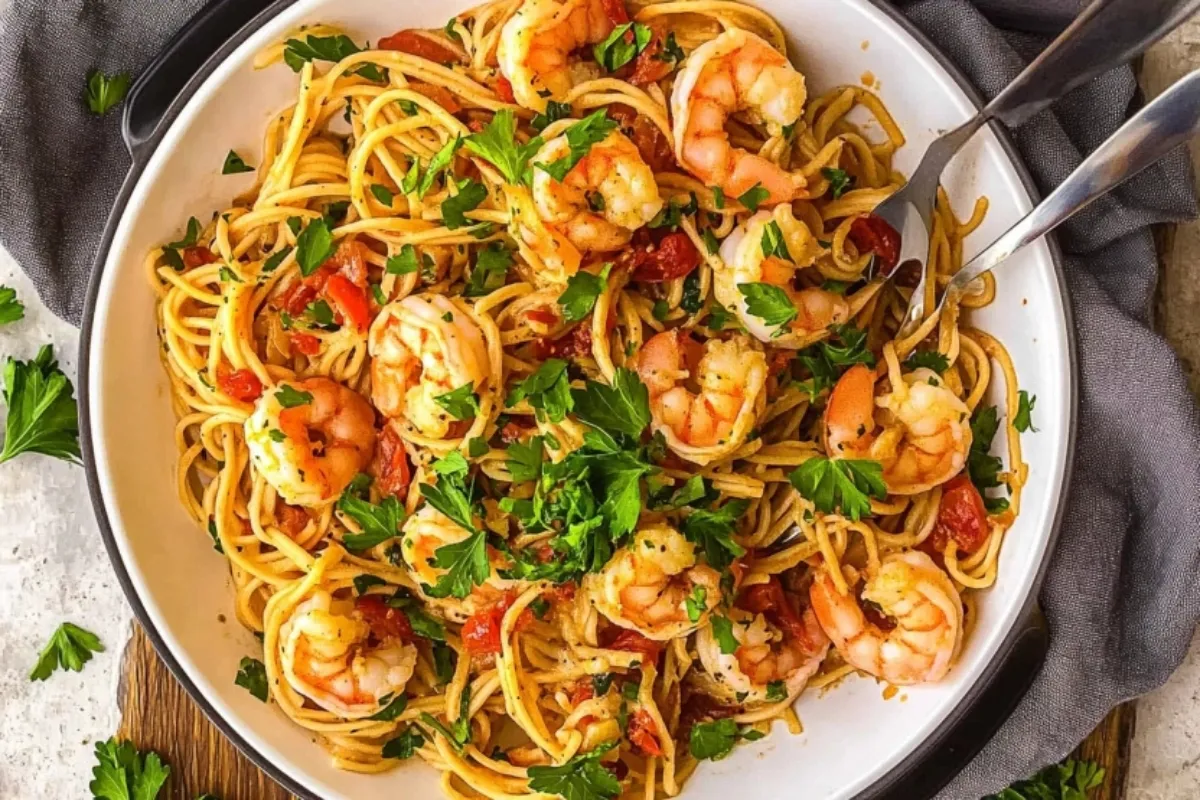 Overhead view of delicious shrimp fra diavolo on linguine with parsley garnish, red pepper flakes.