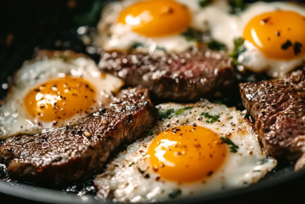 Close-up of steak and eggs sizzling in the pan.