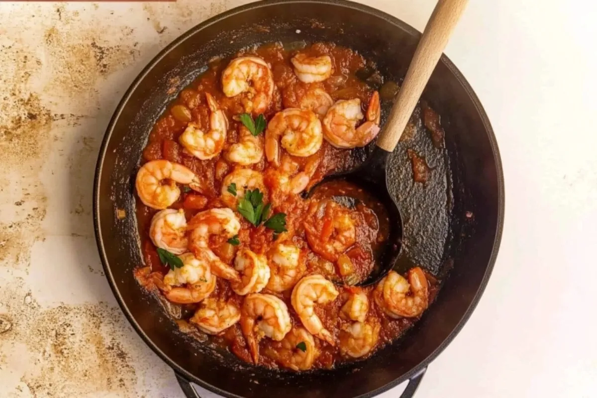 Simmering shrimp fra diavolo in a skillet; overhead view. Bubbling tomato sauce, fresh herbs, and juicy shrimp.