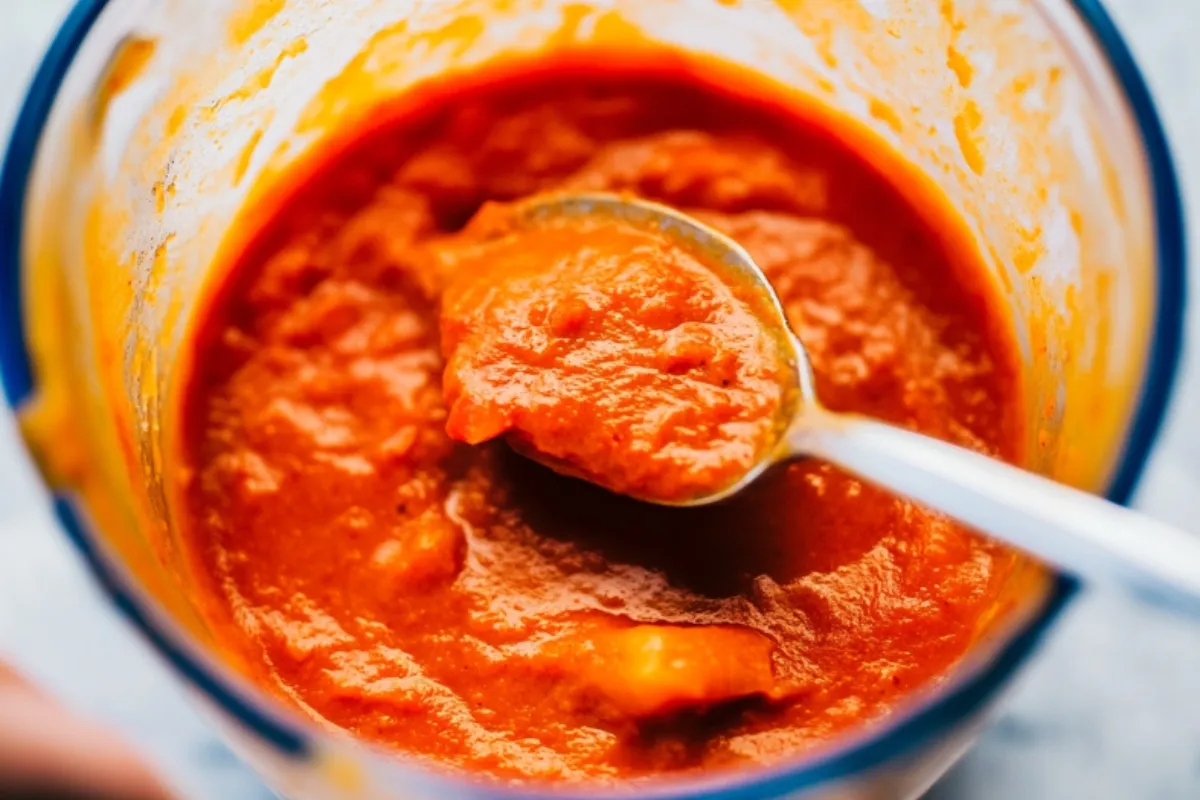 Hand scooping up tomato bisque recipe with spoon. Creamy texture.