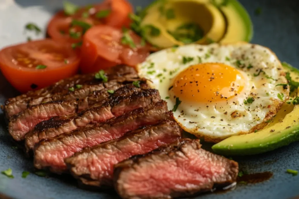 Steak and eggs with side of avocado and tomato.