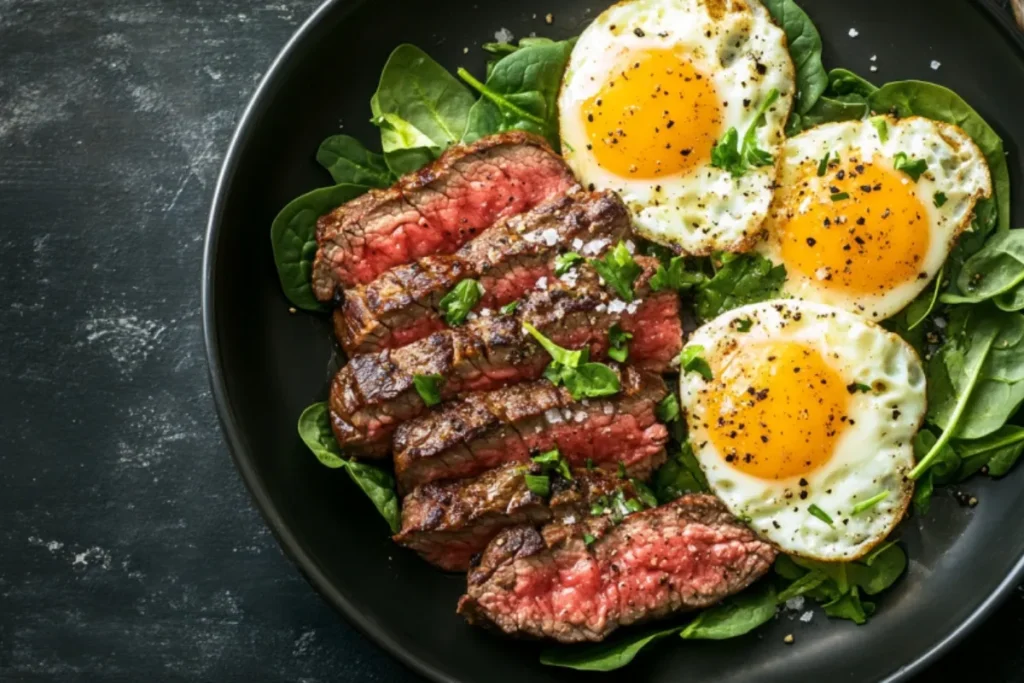 A plate of steak and eggs paired with sautéed greens.