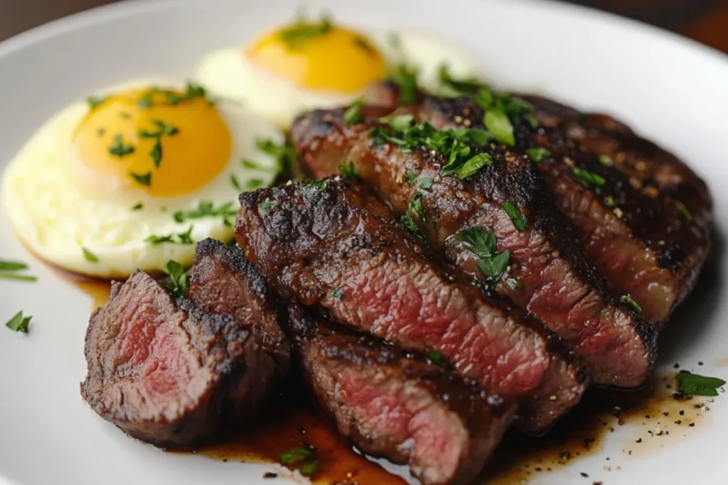 Steak and Eggs on a plate, served with eggs.