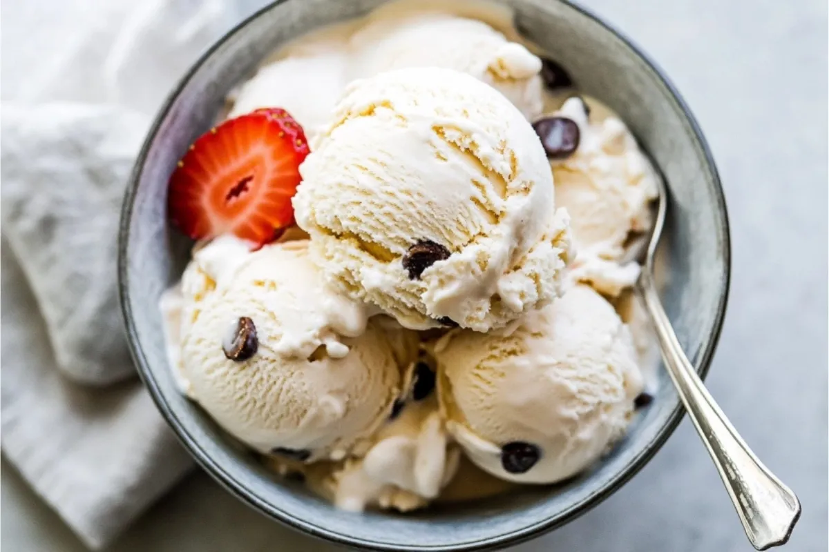 Cottage cheese ice cream with sliced strawberries in a glass bowl.