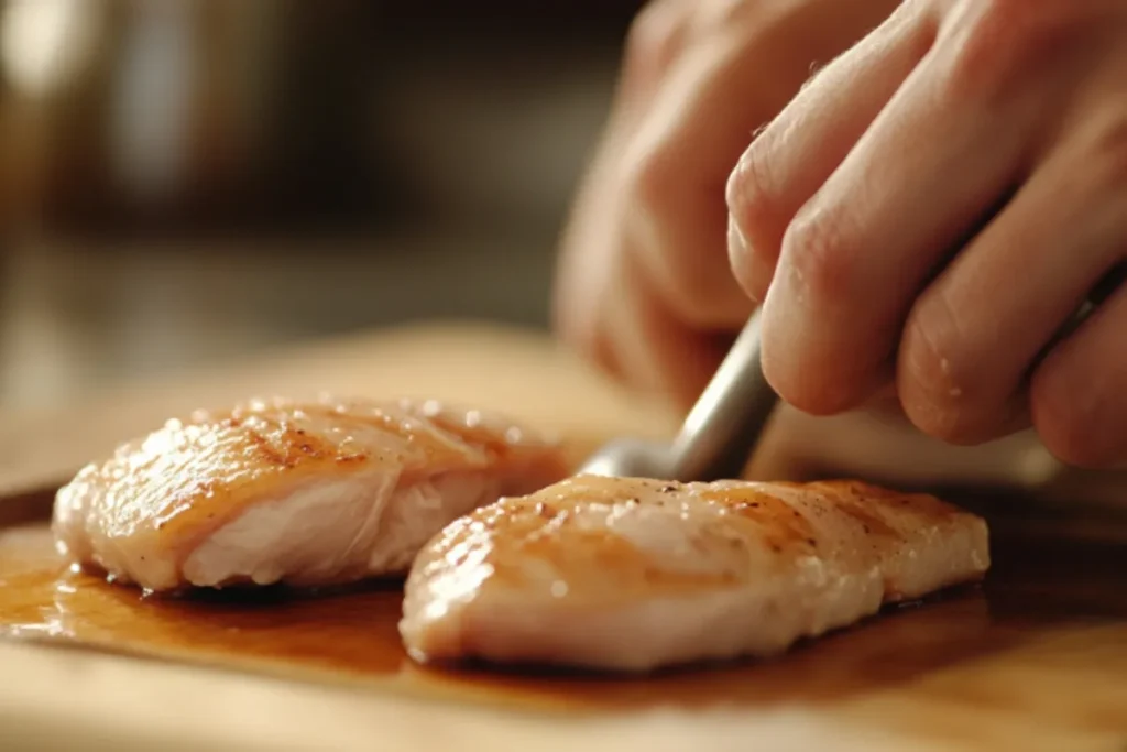 Chicken breasts being pounded into cutlets