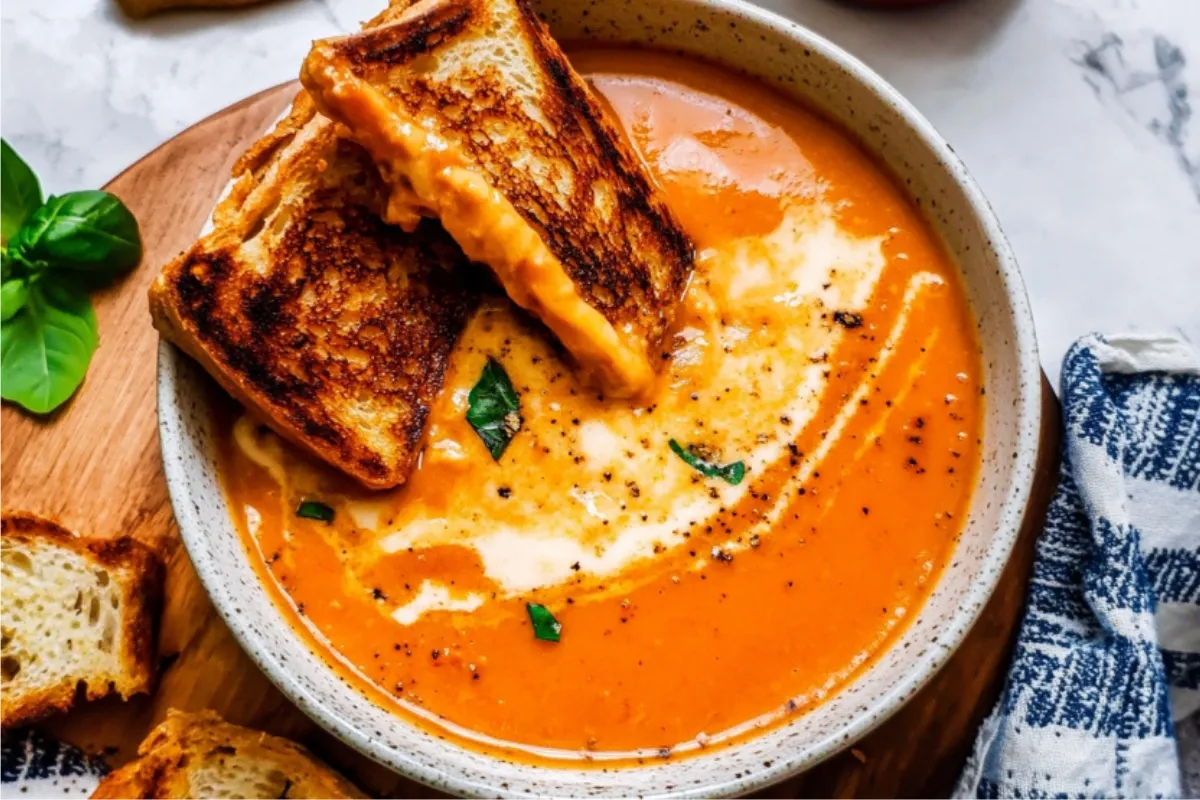 Tomato bisque recipe with grilled cheese croutons. Creative and delicious.