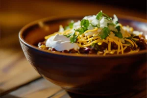 Hearty vegetarian crockpot chili with toppings.