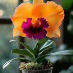 A vibrant orange and magenta Cattleya orchid flower in full bloom, potted in a clear cup with healthy green leaves.