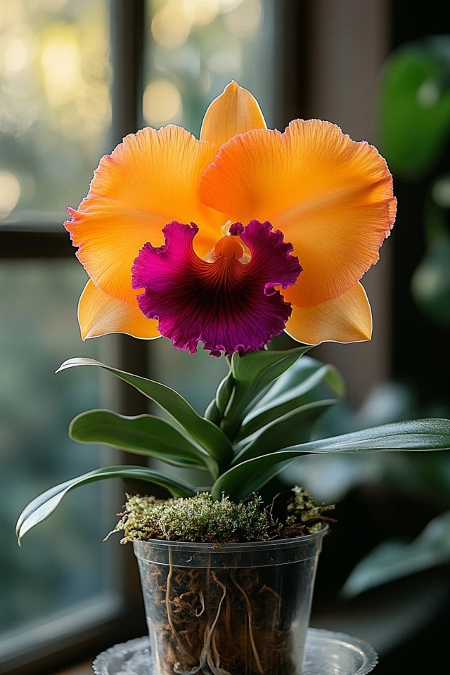 A vibrant orange and magenta Cattleya orchid flower in full bloom, potted in a clear cup with healthy green leaves.