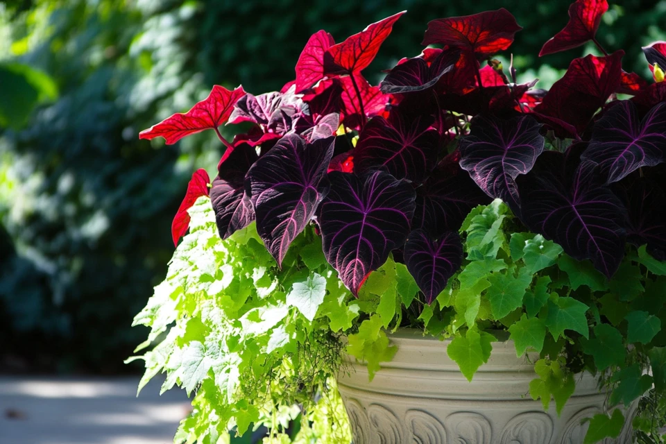 A beautiful container garden featuring a Red-black Caladium as the centerpiece, paired with a contrasting, bright green sweet potato vine.