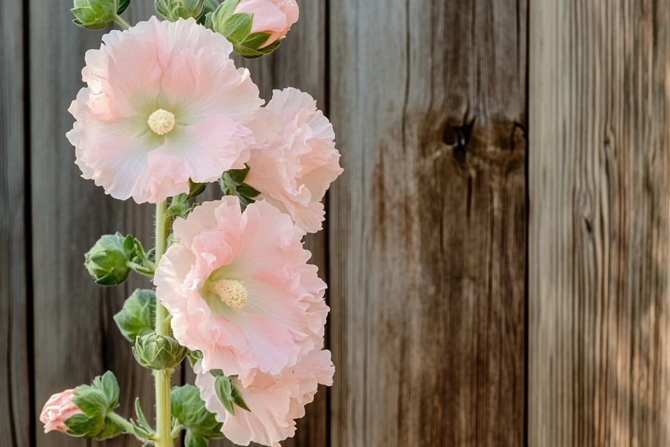 A close-up of a beautiful Hollyhocks plant stalk with light pink, double-flowered blooms against a rustic wooden fence.