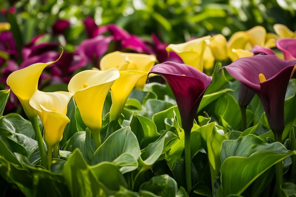 A vibrant mix of colorful Cup-of-milk (Zantedeschia) flowers, including yellow, pink, and purple varieties, growing in a sunny garden bed.