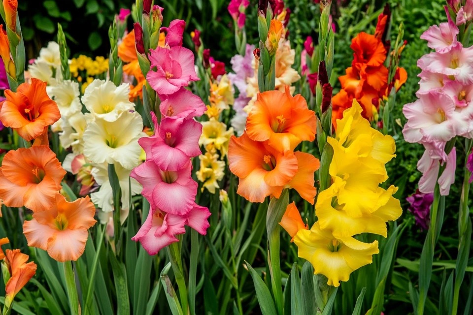 A garden bed filled with colorful Gladiolus (Gladiolus Hybrid) flower spikes in vibrant shades of orange, pink, and yellow under the sun.