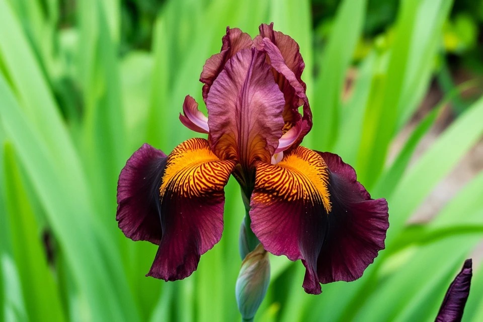 A detailed close-up of a single, dramatic Iris 'Night Flame' flower, showcasing its velvety, near-black petals and fiery orange beard.