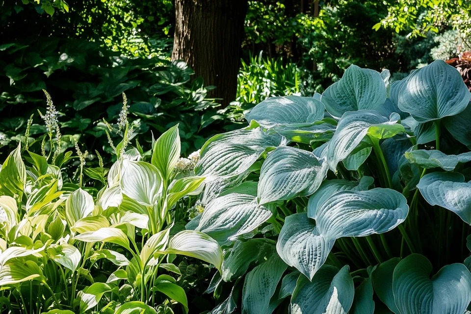 A beautiful shade garden filled with a variety of Hosta plants, including blue, variegated, and chartreuse foliage, thriving under trees.