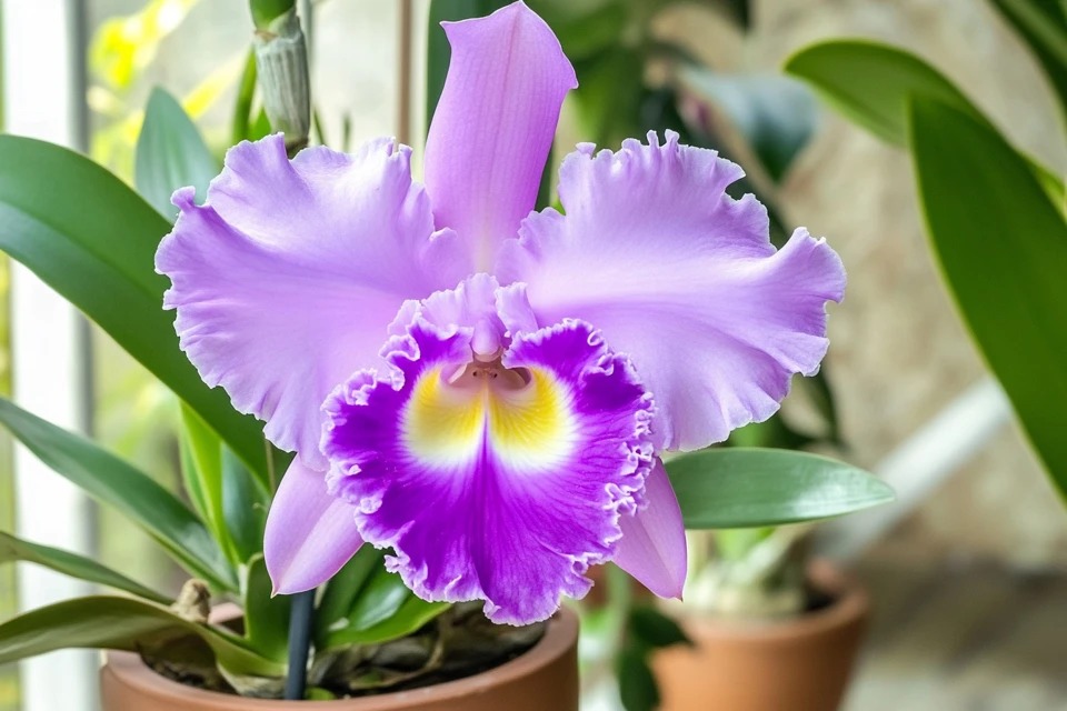 A gorgeous lavender Cattleya orchid flower in full bloom, with healthy green leaves and pseudobulbs in a clay pot.
