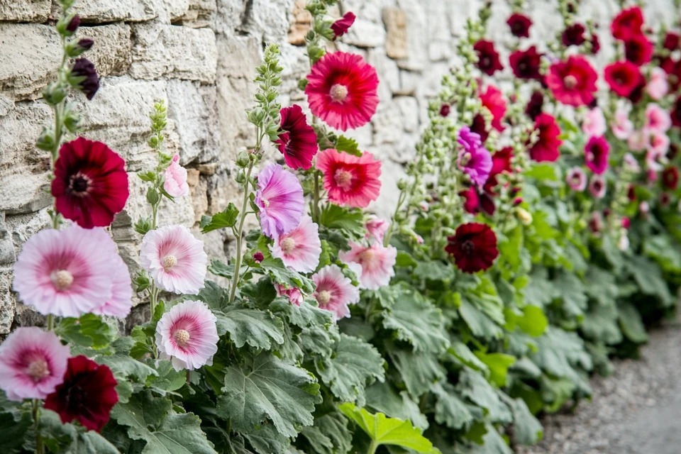 Tall Hollyhocks plants with vibrant pink and red flowers blooming against a sunny, light-colored stone wall in a cottage garden setting.