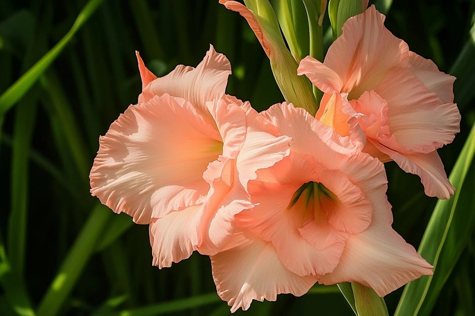 A close-up of a single, beautiful salmon-pink Gladiolus (Gladiolus Hybrid) flower spike showing the detailed, ruffled florets in bloom.