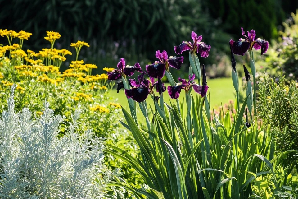 A clump of dark Iris 'Night Flame' flowers growing in a sunny garden border next to contrasting silver foliage and yellow companion plants.