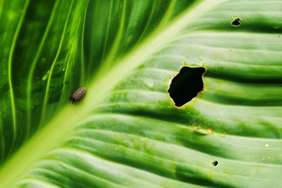 A close-up photo showing a green Hosta plant leaf with several ragged holes, which is characteristic damage caused by slugs or snails.