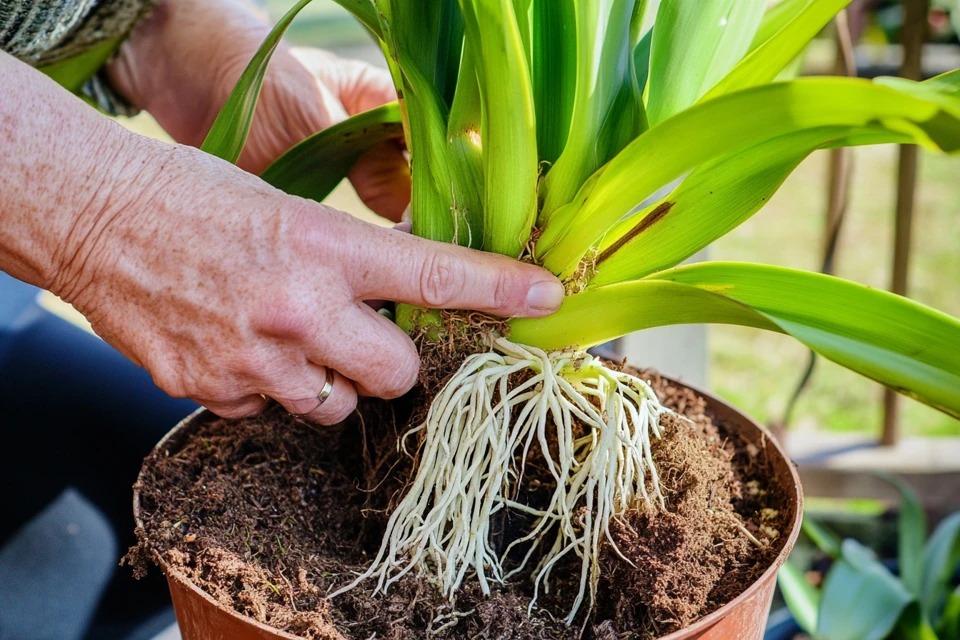 A person's hands carefully repotting an orchids (Cattleya), showing the healthy white roots and fresh orchid bark mix.
