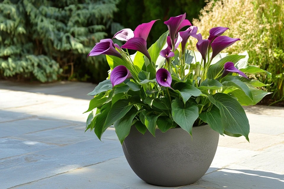 A vibrant purple Cup-of-milk (Zantedeschia) plant with multiple blooms thriving in a modern grey pot on an outdoor stone patio.