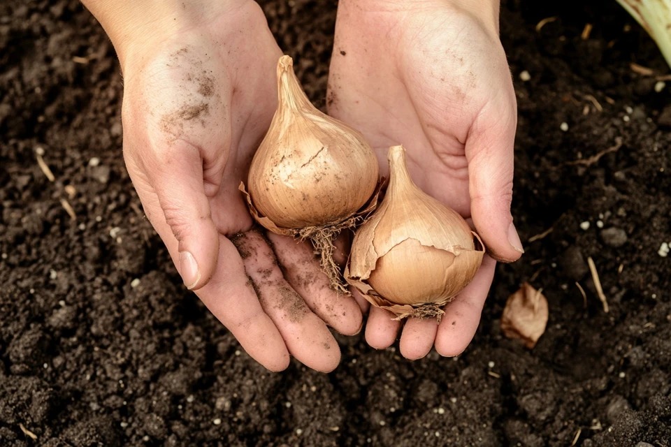 A pair of hands holding several brown, papery Gladiolus (Gladiolus Hybrid) corms before planting, showing their correct shape and texture.