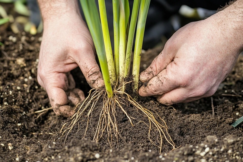 A gardener's hands demonstrating the proper shallow planting technique for an Iris 'Night Flame' rhizome, with the top of the root exposed to the sun.