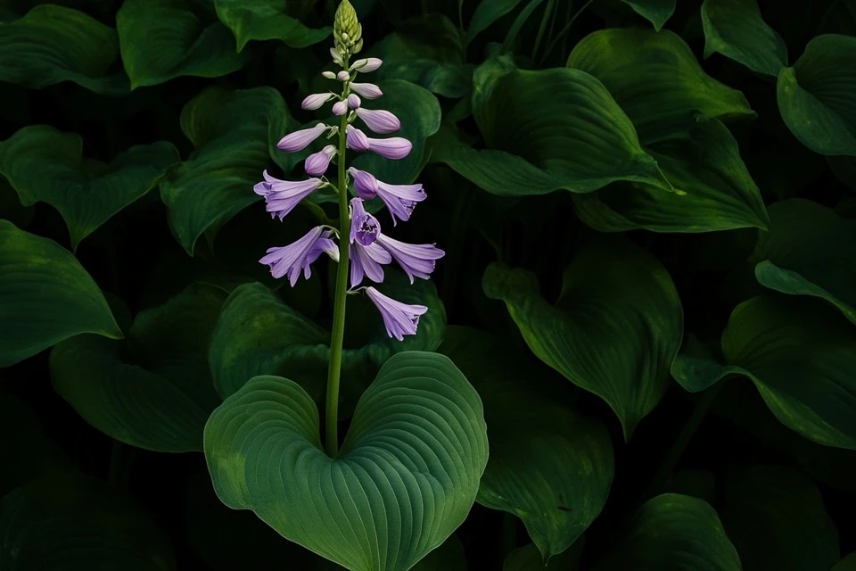 A beautiful green-leafed Hosta plant with a tall stalk of delicate, bell-shaped lavender-purple flowers blooming above the lush foliage.