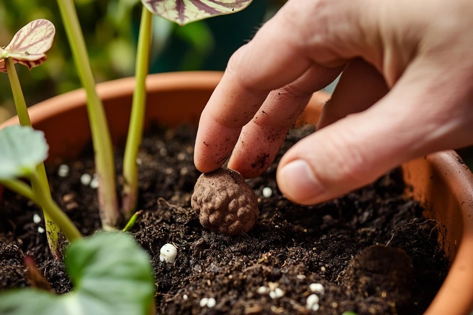 A gardener's hand planting a brown, lumpy Red-black Caladium tuber into soil with the growing points, or 'eyes', facing upwards.