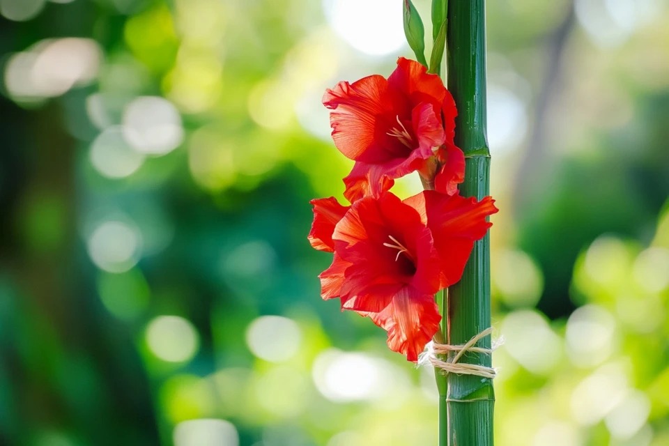 A tall red Gladiolus flower spike properly supported by a bamboo stake and soft twine to prevent it from breaking in the wind.