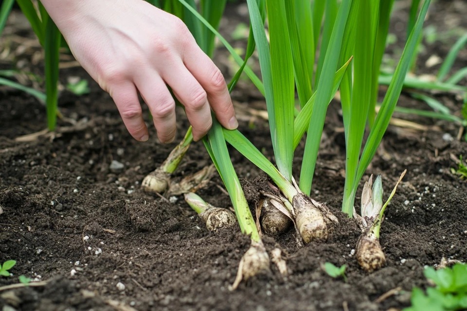 A clump of overcrowded Iris 'Night Flame' rhizomes that have been dug up for division, with a hand separating one to be replanted.