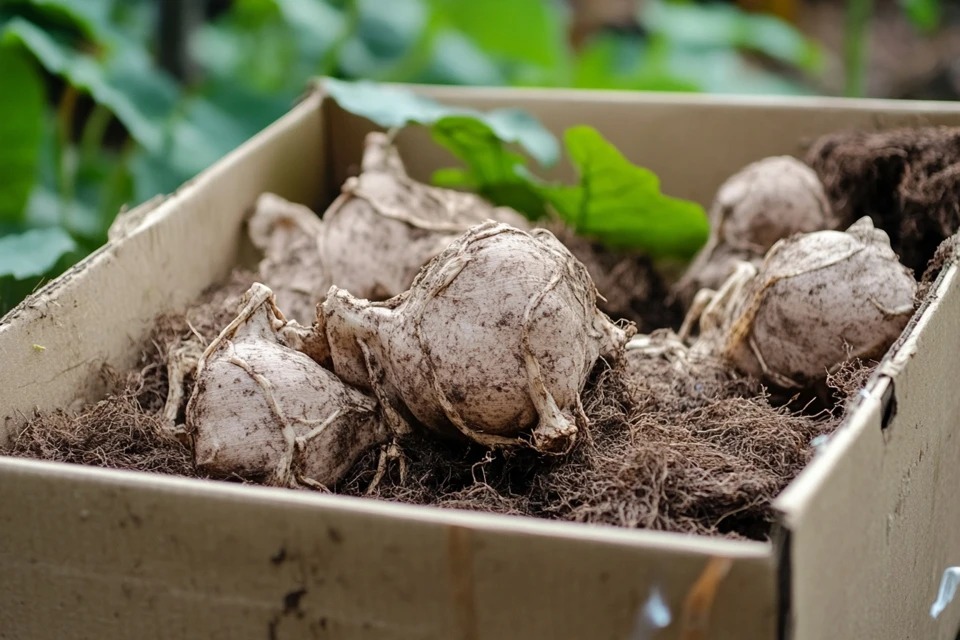 Several dormant Red-black Caladium tubers being stored for winter in a cardboard box filled with protective peat moss to keep them safe.