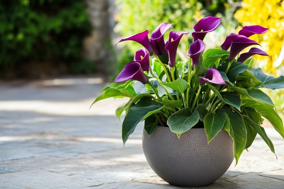 A stunning close-up of a single white Cup-of-milk (Zantedeschia) flower, also known as a Calla Lily, with its glossy green leaves.