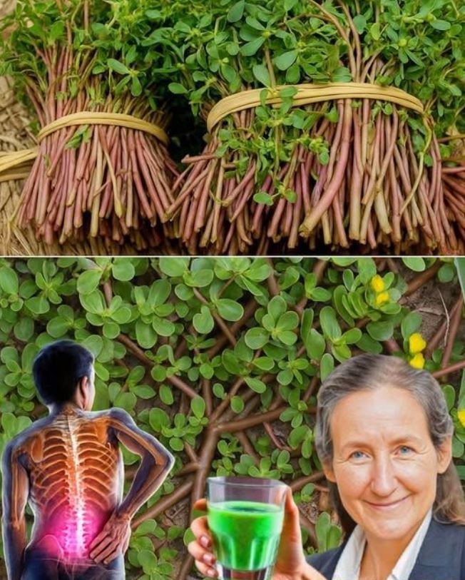 Mão segura beldroega recém-colhida do jardim, mostrando as folhas suculentas e os benefícios da beldroega.
